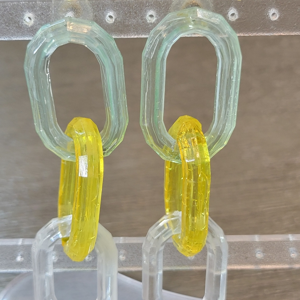 Retro Acrylic Triple Link Earrings Pierced Clear, Yellow, Mint Green Links